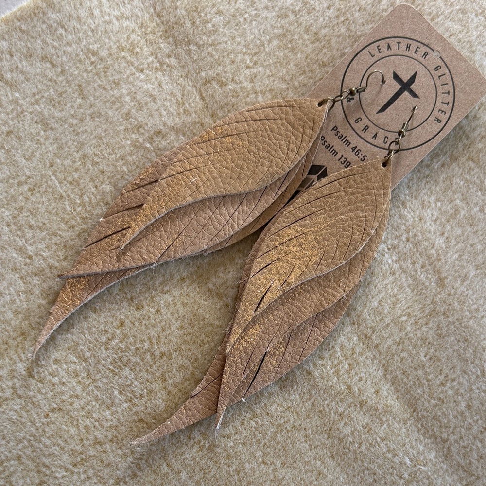 Tan Leather Layered Feather Earrings with Gold Sparkle Dusting Accent